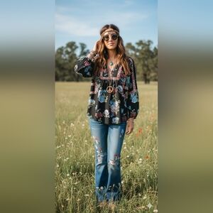 Floral Black Blouse Boho Tolani Collection Size Large